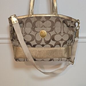 Coach Tan and Gold Signature Shoulder Bag